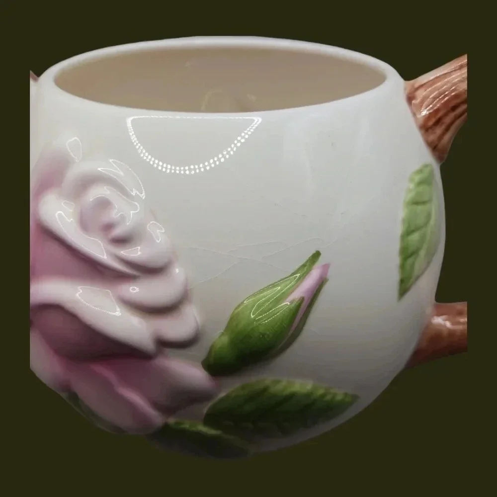 Teleflora rose ceramic teapot white pink color